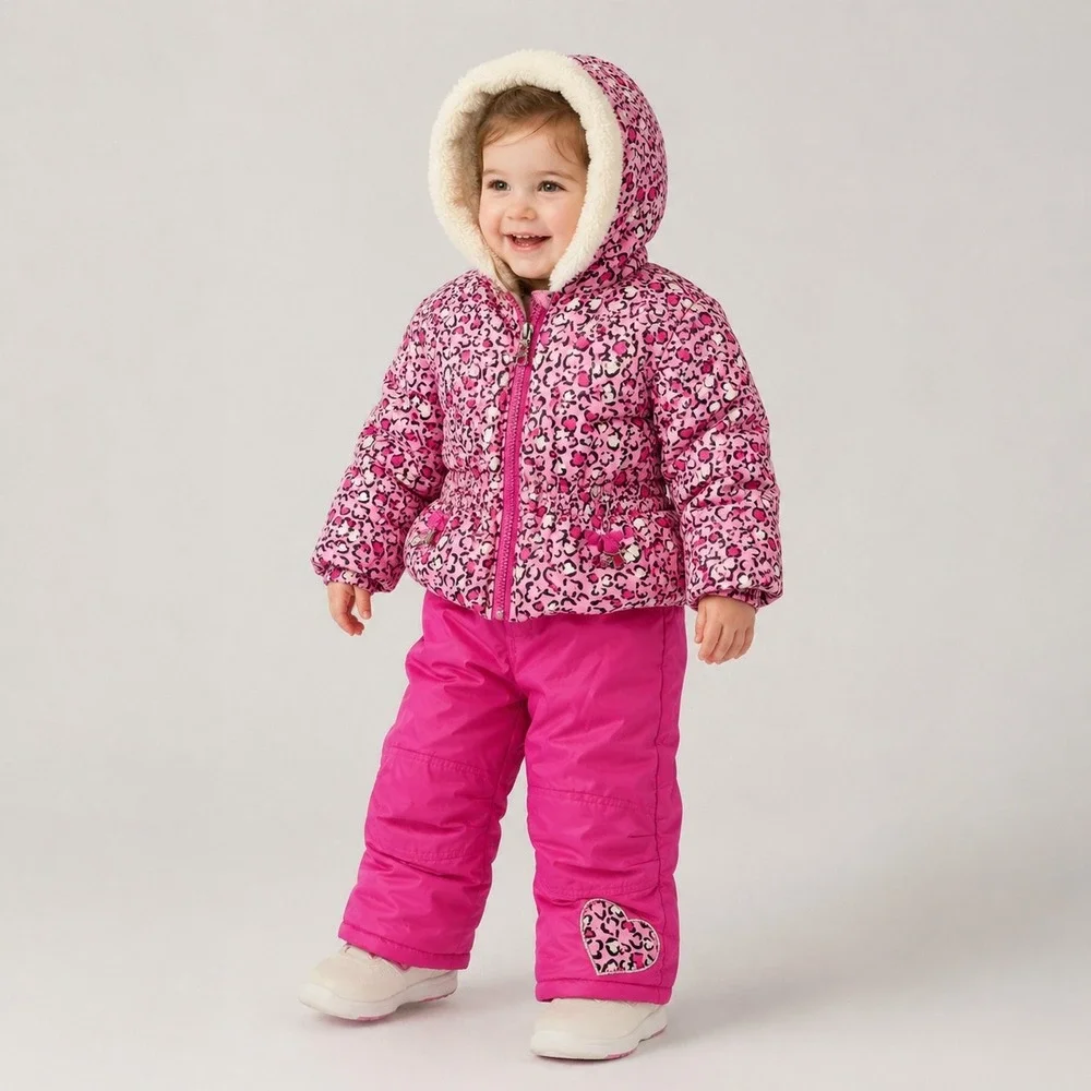 Girls 18M Pink Leopard Heart 2 Pc Snow Suit Hooded Winter Snowsuit NWT